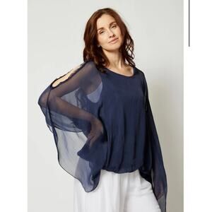 Gigi Moda Made In Italy Italian Silk Cold Shoulder Top Blouse Blue One Size